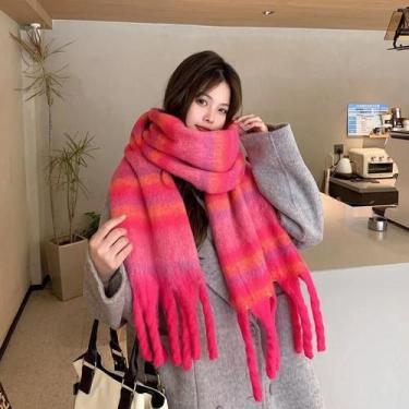 Imagem de Cachecol Feminino Vintage Com Listras Em Gradiente, Estilo Coreano, Qu