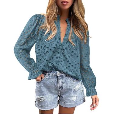Imagem de Blusa Feminina PRETTYGARDEN de Renda com Manga Longa e Decote V Pequen