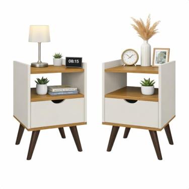 Imagem de Kit Mesa de Cabeceira Criado-Mudo Estilo Retrô para Quarto Alice (Off White/Freijo)