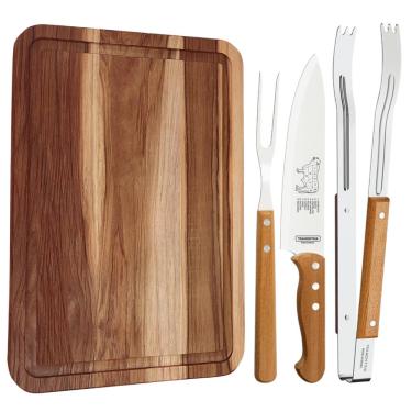 Imagem de Kit para Churrasco Tramontina com Pegador Faca e Garfo Trinchante + Tabua de Corte 25x36cm
