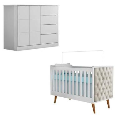 Imagem de Berço Americano Lorena com Capitonê Bege e Cômoda Infantil Eloá Branco