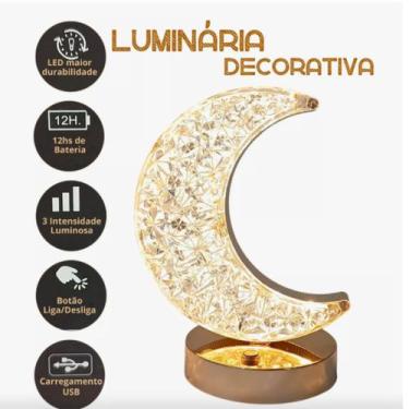 Imagem de Luminária Mesa Abajur  Cristal Lua Recarregável Projetor Led 3 Cores T