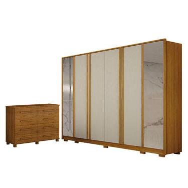 Imagem de Guarda Roupa Casal Ares 6 Portas Com Espelho Cinamomo Off-white Com Cômoda San Marino 8...