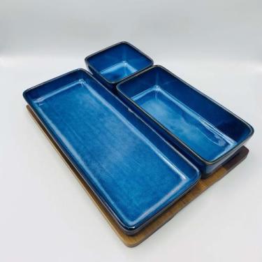 Imagem de Petisqueira em Madeira e Cerâmica Azul com 3 Bowls 30x12cm - BTC