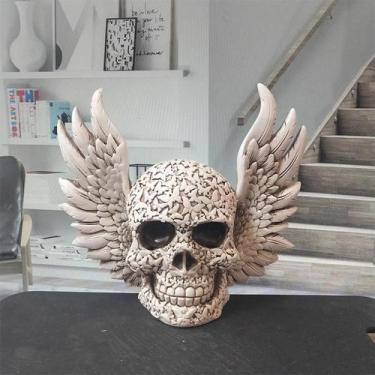 Imagem de Decoração De Crânio Alado: Estatueta Realista De Crânio Humano Em Resi