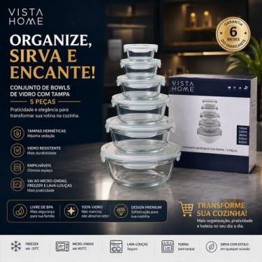 Imagem de Kit 5 Bowls de Vidro com Tampa Hermética Vista Home, 930 ML, Transpare