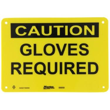 Imagem de Master Lock S6950 25,4 cm de largura x 17,7 cm de altura polipropileno, placa de segurança preta sobre amarela, cabeçalho "Cuidado", lenda "Luvas necessárias"