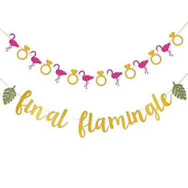 Imagem de Banner dourado com glitter e anel de flamingo com glíter, guirlanda, festa tropical Luau Havaí, despedida de solteira, decoração de festa de casamento