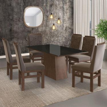 Imagem de Conjunto Sala de Jantar Mesa 90x160cm Tampo Vidro com 6 Cadeiras Madeira Maciça Tecido Joli Zamarchi Marrom/Preto
