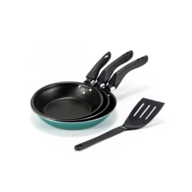 Imagem de Conjunto 3 Frigideiras Francesa AntiAderente Grande 22cm 24cm 26cm com Espátula Verde Não Gruda Kit Jogo Turquese