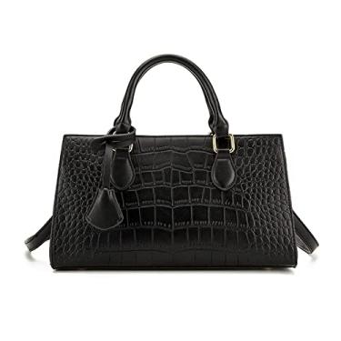 Imagem de Bolsa de couro de crocodilo e bolsa de mão para mulheres com alça superior e zíper, Preto