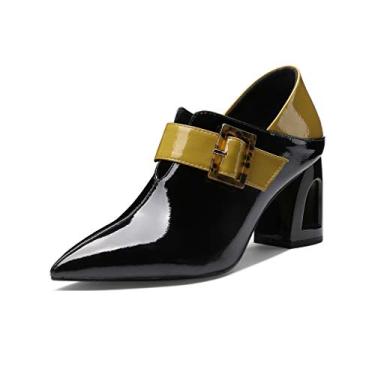 Imagem de TinaCus Sapato feminino feito à mão couro envernizado brilhante bico fino salto médio bloco cores sortidas com fivela Desor, Preto, 9.5