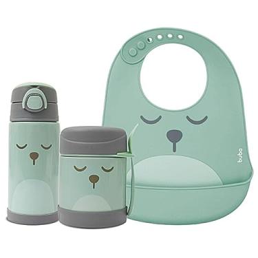 Imagem de Kit Refeição Infantil 3 Peças Pote Térmico Garrafa Térmica e Babador Silicone com Pega Migalhas Buba Gumy (Verde)