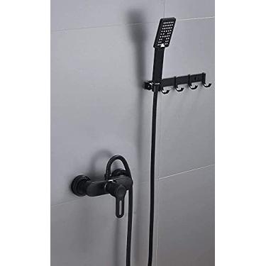 Imagem de Torneira, sistema de chuveiro de banheiro com prateleira, torneira de banho, chuveiro de mão e torneira de bico, conjunto misturador de chuveiro de chuva com conjunto de acabamento preto/E hopeful