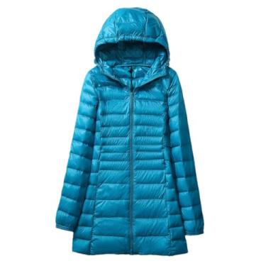 Imagem de Niiyyjj Jaqueta feminina acolchoada para uso externo ultraleve com penas de pato outono inverno casaco parca com capuz, Azul, XXG
