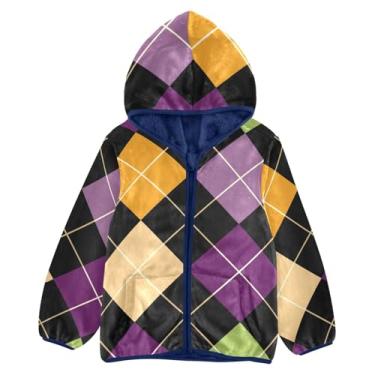 Imagem de KLL Jaqueta xadrez geométrica colorida para bebê menino sherpa jaqueta infantil menino jaqueta de inverno azul marinho bebê zíper lã 3T, Xadrez geométrico, moderno, colorido, 9-10 Anos
