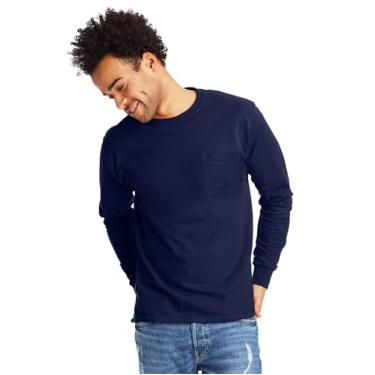 Imagem de Hanes Camiseta Essentials, bolso de algodão, camisetas de manga comprida para homens, Azul-marinho atlético, M