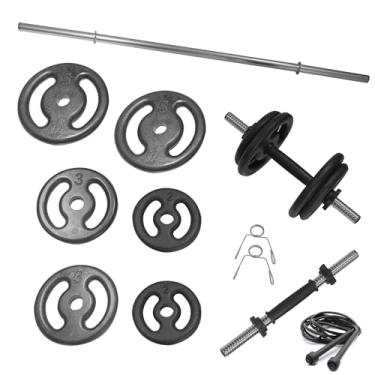 Imagem de Kit 30Kg Anilhas 2 Barras de 40cm Rosca 1 Barra 1,20m e Corda de Pular