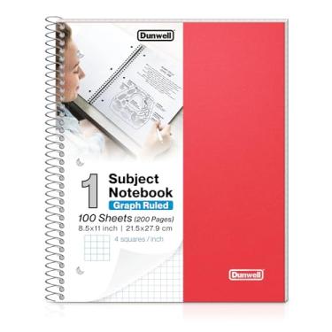 Imagem de Dunwell Caderno de papel quadriculado – Capa de plástico vermelha, 100 folhas 21 x 28 cm, caderno de grade quadrada de 6 mm, caderno espiral pautado em gráfico, bolsos de poliéster, caderno de papel