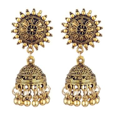 Imagem de Brincos indianos vintage de borla de sino para mulheres, banhados a ouro, boêmio, feitos à mão, bollywood, cigano, tibetano, leve, jhumka, para presentes de joias tradicionais estilo boho, Zinco, Sem