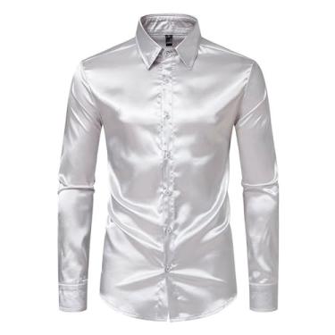 Imagem de Camisa masculina casual slim fit manga longa cetim botão cor sólida brilhante camisa boate, Cinza-claro, P