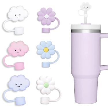 Imagem de Capa de canudo de 10 mm, 6 peças de tampas de palha para copo Stanley 1,134 g 850 g silicone de grau alimentício fofo grande nuvem flor palha topo pontas protetores plugues para copos Stanley para
