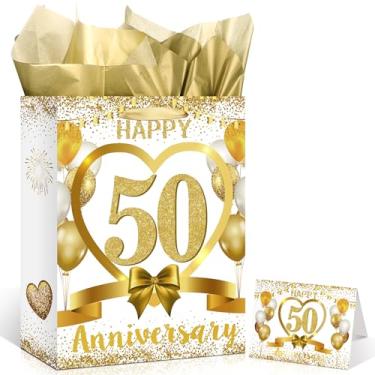 Imagem de Saco de presente de papel de feliz aniversário de 50 anos de ouro branco com papel de seda e cartão, bolsa de embrulho de presente de festa dourada para decorações de aniversário de casamento dourado