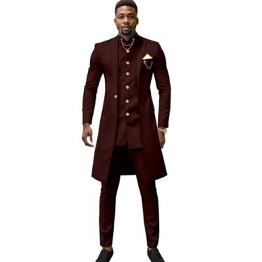 Imagem de Terno masculino slim fit com corrente de peito único blazer calça 3 peças roupa de casamento de linho roupas africanas, Marrom, Small