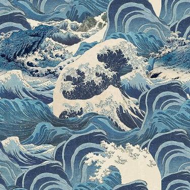Imagem de MuralPeel Papel de Parede Desenhado à Mão com Ondas do Mar Azul - Retrô, Náutico, Auto-Adesivo, Removível