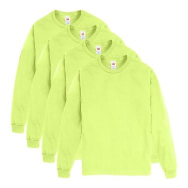 Imagem de Hanes Pacote de camisetas masculinas essenciais de manga comprida, camisetas de algodão com gola redonda, pacote com 4, Verde-limão, XXG