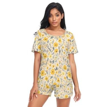 Imagem de CHIFIGNO Conjunto de pijama feminino, conjunto de pijama de verão de 2 peças, conjunto de pijama de manga curta para mulheres, conjunto de shorts e camisa, Lindo floral amarelo, G