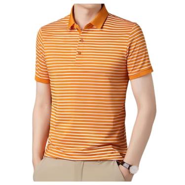 Imagem de Camisa polo masculina listrada casual elástica manga curta fresca secagem rápida solta camiseta de tênis, Laranja, XG