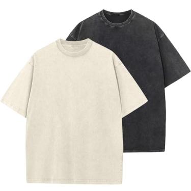 Imagem de Camisetas masculinas de algodão grandes folgadas vintage lavadas unissex manga curta camisetas casuais, PRETO + BEGE, P