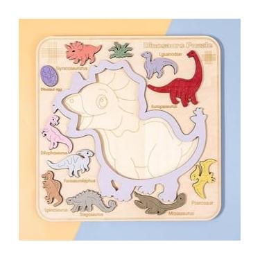 Imagem de Tabuleiro Quebra-Cabeça 3D em Madeira com script Empilhe e Encaixe. Brinquedo Educativo Montessori Dinossauros, Noelo Brinquedos Educativos.
