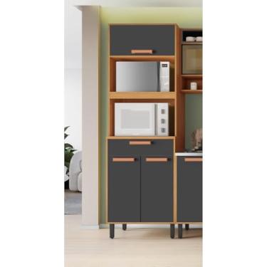 Imagem de Paneleiro Torre Quente 3 Portas 1 Gaveta 2 Nichos para Forno e Microondas Nápoles Cinamomo/Grafite Intenso