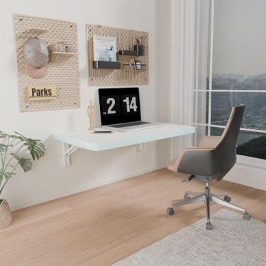 Imagem de IAE Mesa dobrável montada na parede com madeira de pinho, mesa suspensa de 61 cm x 35 cm, mesa flutuante com suporte de ferro, mesa dobrável para pequenos espaços, escritório em casa, jantar,