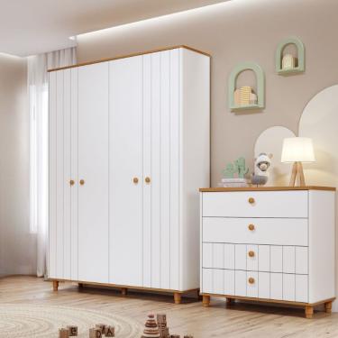 Imagem de Quarto de Infantil Completo Guarda Roupa 4 Portas e Cômoda 4 Gavetas 100 MDF Lívia Permobili - Branco Acetinado/Nature