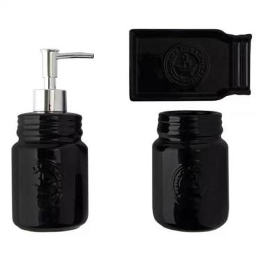 Imagem de Kit Banheiro Lavabo Acessórios de Luxo Cerâmica Preto 3 Peças - Gici D
