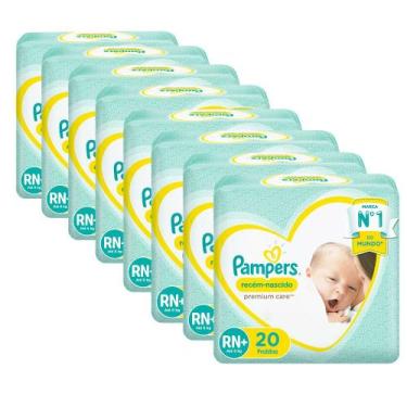 Imagem de Kit 8 Fralda Descartável Pampers Premium Care Recém-Nascido RN+ 160 Ti