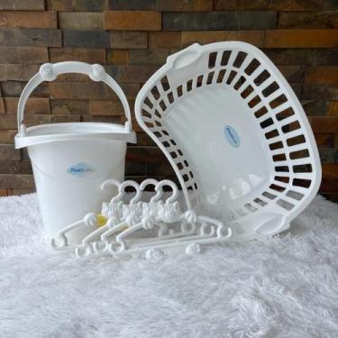 Imagem de Kit Balde Ofurô 11 Litros com Cesto Roupa 25 L 9 Cabide de Roupa Bebe 