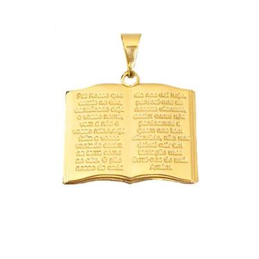Imagem de Pingente Dourado Masculino Bíblia Sagrada Oração Banhado a Ouro 18k - 