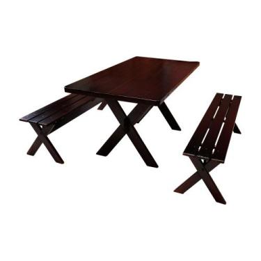 Imagem de Conjunto Mesa Churrasco Rústica 2m e 2 Bancos Sem Encosto Madeira Maci
