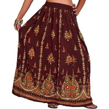 Imagem de Saia Indiana Longa Cigana Lantejoula Boho Estampada - Neha, Marrom, GG
