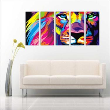 Imagem de Quadro Decorativo Animais Leão Mosaico Moderno 5 Peças GG1 - Vital Qua