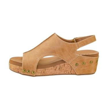Imagem de Corkys Footwear Sandália feminina Volta II Wedge – Cunha acolchoada de 5 cm, fecho de velcro para conforto e estilo, perfeita para roupas casuais e elegantes, uso durante todo o dia, Caramelo suave,