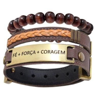 Imagem de Kit 03 FÉ FORÇA CORAGEM Marrom Fecho Strap Plug e Esferas Madeira Ajus