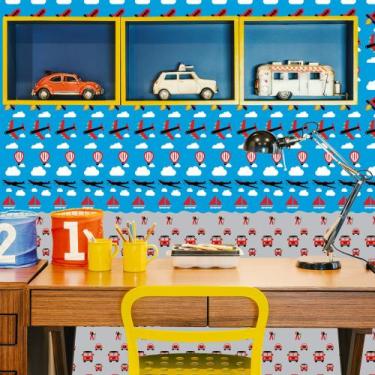 Imagem de Papel de Parede Adesivo Autocolante Vinil Infantil Aviões Carros Barco