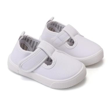 Imagem de GENGASUN Tênis infantil de lona com tira em T para crianças pequenas, clássico, confortável, Mary Jane, sapatilha de lona, antiderrapante, casual, para meninas, Branco, 19