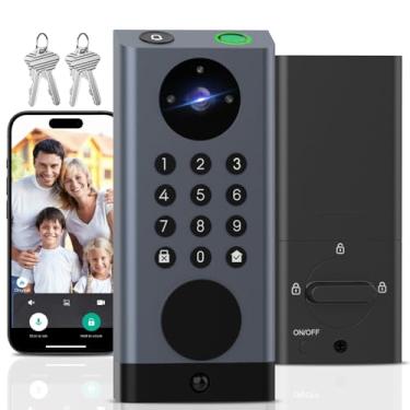 Imagem de Dhiedas Fechadura de porta WiFi com câmera, fechadura inteligente com campainha de vídeo, fechadura de porta de entrada sem chave com código de teclado de impressão digital, fechadura inteligente