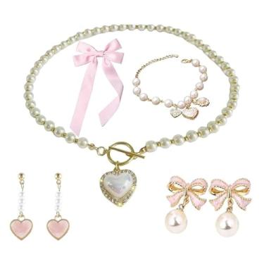 Imagem de Gpurplebud Conjunto de joias Pearl Coquette - Brincos de laço de pérola laços rosa para cabelo para mulheres colar gargantilha de pérolas acessórios de coquete presentes modernos, presentes de Natal,